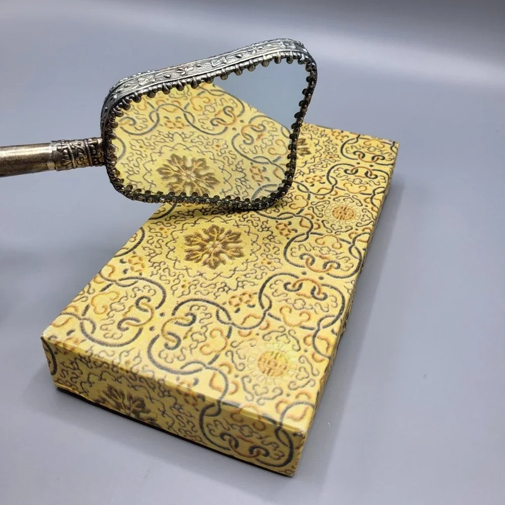 Vintage Hand Mirror Repousse Floral Dragonfly Silver Tone Ornate 6.5
